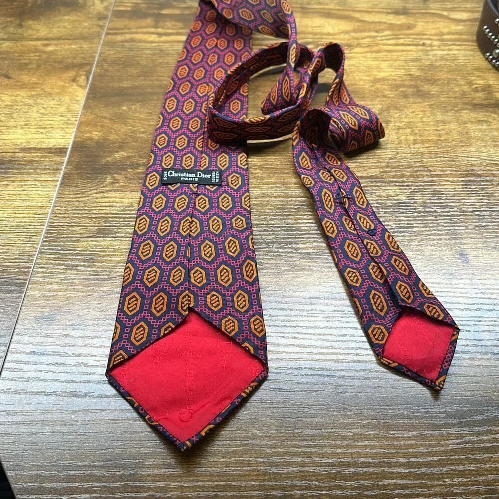 Christian Dior‎ Silk Tie Geometric Print Pink Blue Orange Mens Necktie Paris